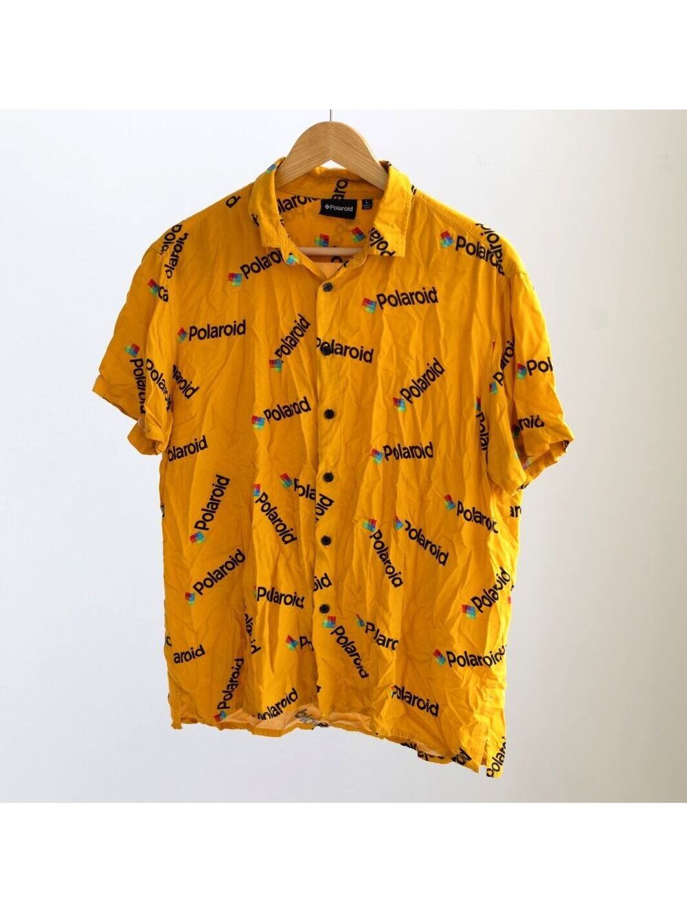 Polaroid Mens Large Yellow All Over Logo Short Sleeve Button Down Shirt Retro